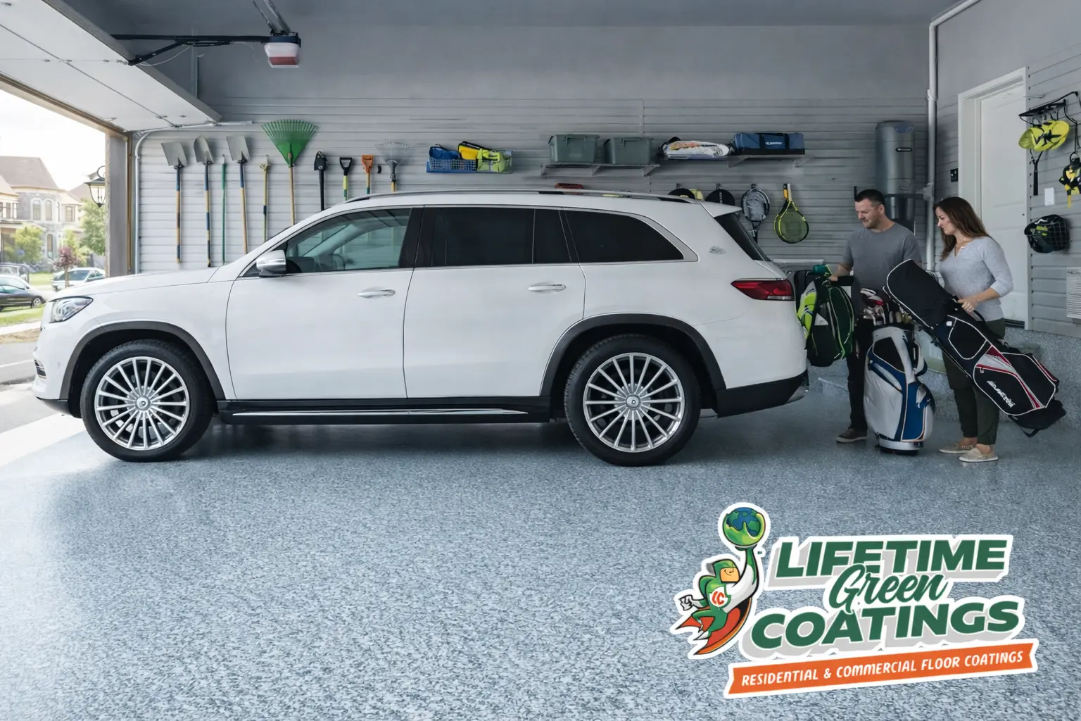 Family garage with Lifetime Green Coatings floor